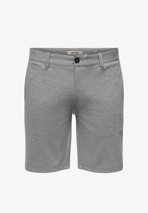 Meeste hallist pehme kangaga lühikesed püksid, millel on nööp ja vööauk, vöökohal tähisega ONLY & SONS, esiküljelt valgel taustal.