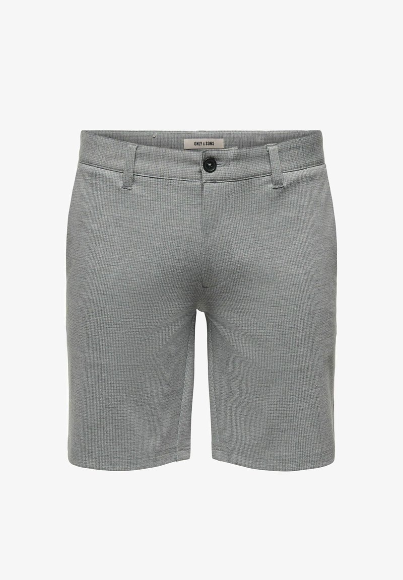 Herres grå shorts i teksturert stoff med knapp og beltestropper, merket ONLY & SONS på linningen, vist forfra på hvit bakgrunn.