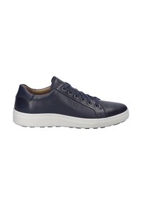 Marine lederen sneaker met een witte rubberen zool, ronde neus, vetersluiting aan de voorkant en subtiele stiksels. Glad textuur met minimale accenten.