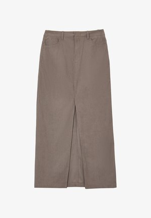 Gonna in corduroy marrone con silhouette dritta, dotata di uno spacco frontale e passanti per la cintura. Tessuto testurizzato con motivo a righe verticali.