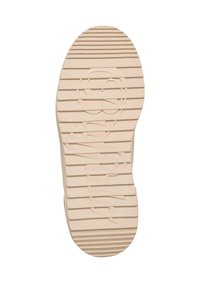 Semelle de chaussure en caoutchouc beige clair avec des rainures horizontales texturées et des lettres en relief ; talon rond avec une légère courbure pour améliorer l'adhérence.