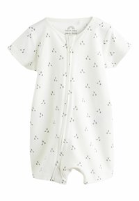 Body bébé à manches courtes blanches avec de petits motifs de croissants de lune gris et une fermeture éclair à l'avant.