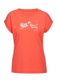 Kortärmad korall t-shirt i mjukt material, med en vit bergsgrafik och "Mammut"-logotyp på framsidan. Detalj med uppvikta ärmar.
