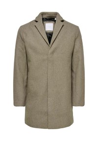 Helehallist villasegu mantlist, millel on lõigatud krae, ühe nööbi sulgemine ja sile must vooder. Omab kahte külgtaskut.