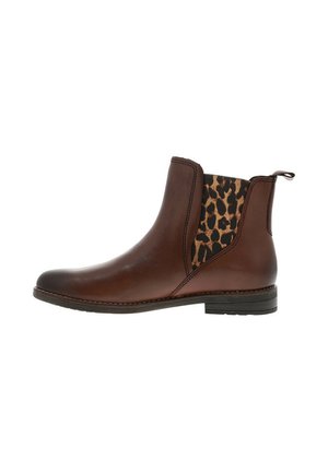 Bottes chelsea en cuir marron avec des panneaux élastiques à imprimé léopard sur les côtés, un bout arrondi et un petit talon noir. Tige lisse et détails cousus.