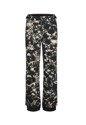 Black waterproof snow pants with a splatter pattern in cream and brown. Features an elasticated cuff and adjustable waistband.