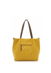 Geel stoffen tote bag met bruine leren handvatten. Voorzien van een voorzak met rits en een gestructureerde vorm. Soepele textuur met minimale detailing.