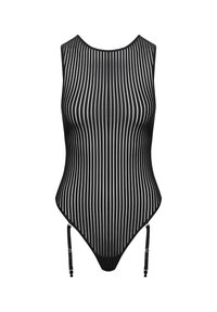 Body en noir et blanc rayé avec un col montant, sans manches et des bretelles latérales ajustables. Fabriqué en tissu léger et texturé.