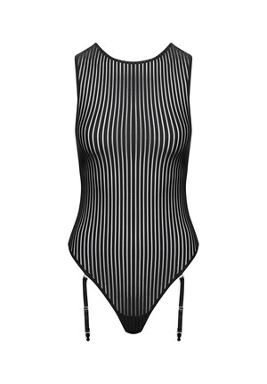 Gestreiftes Schwarz-Weiß-Bodysuit mit hohem Kragen, ärmellosem Design und verstellbaren Seitenträgern. Hergestellt aus leichtem, strukturiertem Stoff.
