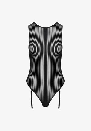 Gestreiftes Schwarz-Weiß-Bodysuit mit hohem Kragen, ärmellosem Design und verstellbaren Seitenträgern. Hergestellt aus leichtem, strukturiertem Stoff.