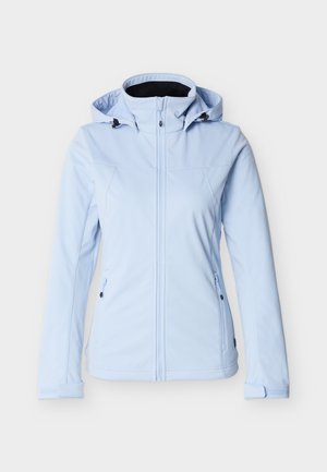 Γαλάζιο μπουφάν με φερμουάρ και κουκούλα, μακριά μανίκια, ρυθμιζόμενα λουράκια στους καρπούς και δύο μπροστινές τσέπες με φερμουάρ, εμφανίζεται σε λευκό φόντο.