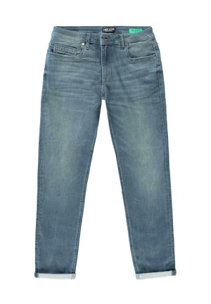 Lichtblauwe denim jeans met een losse pasvorm, voorzien van een merkband, twee voorkruiken en opgerolde boorden bij de enkels.