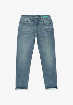Lichtblauwe denim jeans met een losse pasvorm, voorzien van een merkband, twee voorkruiken en opgerolde boorden bij de enkels.