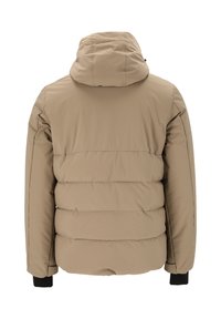 Vaaleanbeige puffer-takki hupulla, pitkät hihat, vaakasuora tikkaus ja mustat sisäpätkärit, esitetty takaa valkoista taustaa vasten.