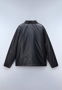 Zwarte, lichte windbreaker jas met een hoge kraag, lange mouwen en een gladde, glanzende textuur. Heeft elastische manchetten en zoom.