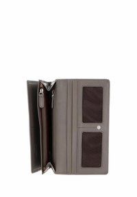 Portefeuille en cuir gris avec plusieurs emplacements pour cartes, compartiment zippé et fermeture à pression. Texture lisse avec un design simple et fonctionnel.