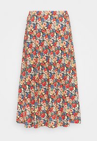 Gonna midi con stampa floreale caratterizzata da un motivo multicolore con fiori rossi, rosa e blu su uno sfondo scuro. Design con cintura elastica.