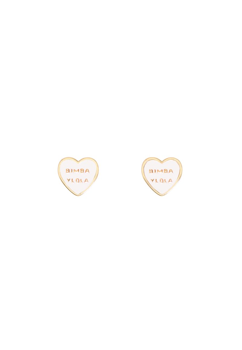 Gold heart-shaped earrings featuring the text "BIMBA Y LOLA" embossed in a contrasting color on a smooth, polished surface.