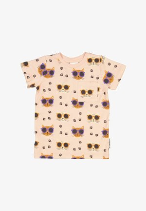 Vaaleanpunainen t-paita lyhyillä hihoilla, jossa on toistuva kuvio kissan kasvoista aurinkolaseissa ja tassunjäljistä. Sisältää rintataskun.