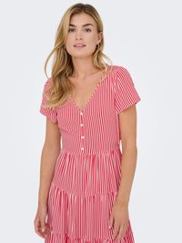 Femme aux longs cheveux blonds portant une robe rayée verticalement rouge et blanche avec des boutons et des manches courtes, debout devant un fond uni.