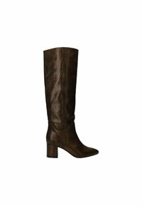Bottes marron hauteur genou avec un motif texturé de serpent, bout rond et un talon block pour la stabilité. Fini lisse et poli.