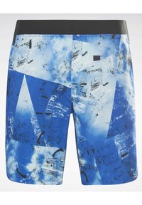 Shorts de bain bleus à motifs avec des formes géométriques et des accents abstraits. Ceinture élastique noire ; tissu lisse et léger avec une finition brillante.