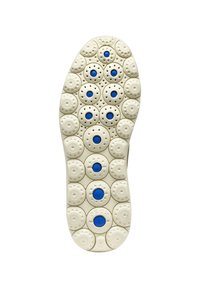 Sole in gomma bianca con motivi circolari e accenti blu, caratterizzata da design perforati per ventilazione e aderenza.