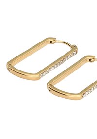 Boucles d'oreilles en or en forme rectangulaire, ornées d'une rangée de strass transparents sur un bord et dotées d'une fermeture à charnière sécurisée.