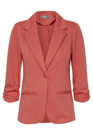 Korallivärvi bleiser pehmest kangast, millel on nurgelised kraed, kolmeveerandsed varrukad, esinepp ja kaks küljetaskut.