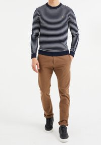 Sweter z dzianiny w niebiesko-białe paski z prążkowanym dekoltem i mankietami, w połączeniu z brązowymi spodniami sztruksowymi i czarnymi sneakersami z białymi podeszwami.