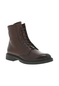 Bottines en cuir marron avec une finition lisse, dotées d'une fermeture éclair sur le côté, d'un laçage et d'un bout rond sur une semelle en caoutchouc noir basse.