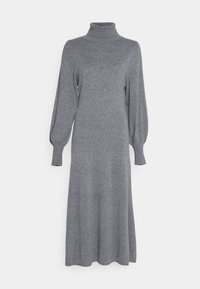 Šedé pletené šaty s dlouhým rukávem a rolákem. Mají volnější střih s balónovým rukávem a splývavou siluetou, která sahá pod kolena.