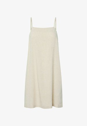 Beige mouwloze jurk met dunne schouderbandjes en een rechte halslijn, met een losse, ontspannen pasvorm.