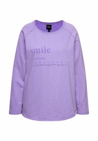 Felpa viola a maniche lunghe con scollatura rotonda, maniche raglan e testo stampato con una definizione sulla parte anteriore. Texture morbida.
