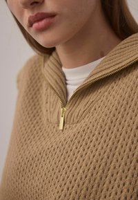 Brown textured knit sweater with a high collar and zip closure. Features a ribbed pattern and subtle sheen on the zipper hardware.