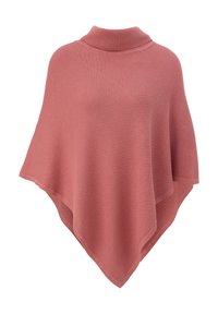 Roze poncho met hoge kraag, voorzien van een gestructureerd, geweven patroon en een losse, gedrapeerde vorm met asymmetrische randen.