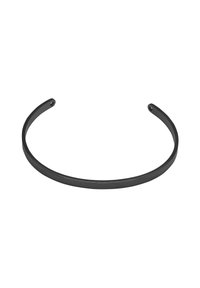 Serre-tête en métal noir au design épuré et minimaliste. Présente des extrémités arrondies avec des trous pour un ajustement sécurisé, offrant un look élégant et moderne.