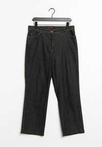 Jeans gris oscuro con corte recto, que cuentan con un cierre de botón y cremallera, bolsillos frontales y detalles de costura sutil a lo largo de las costuras.