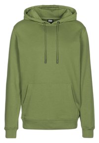 Effen groene capuchontrui met kangoeroezak voor en trekkoorden, lange mouwen en geribde boorden en zoom.