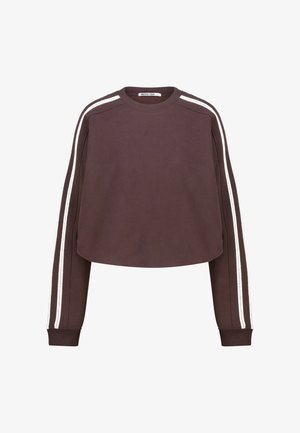 Bruine cropped sweatshirt met witte dubbele strepen langs beide mouwen en geribbelde manchetten.