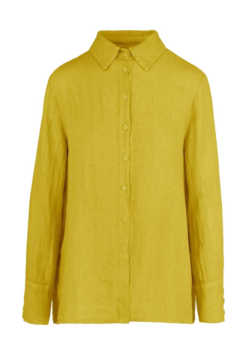Camicia di lino gialla con colletto, maniche lunghe e chiusura frontale con bottoni coordinati. Tessuto liscio e vestibilità rilassata.