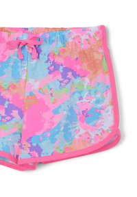 Costumi da bagno colorati con cintura anteriore a nodo, elastico in vita e stampa astratta multicolore con tonalità di rosa, blu e verde.