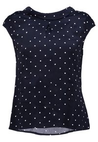 Blusa blu navy a maniche corte con colletto rotondo, caratterizzata da pois bianchi e un piccolo dettaglio a occhio di bue davanti. Tessuto liscio.