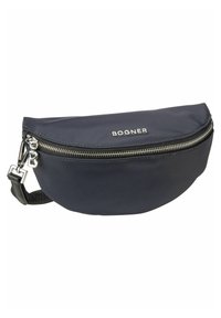 Mörkblå nylon midjeväska med en böjd design, silverdragkedja och logodetalj. Justerbar rem ingår för mångsidig bärning.