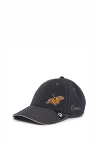 Black baseball cap featuring an embroidered orange and white butterfly design and the word "Queen" in silver. Stitched accents in contrasting thread.