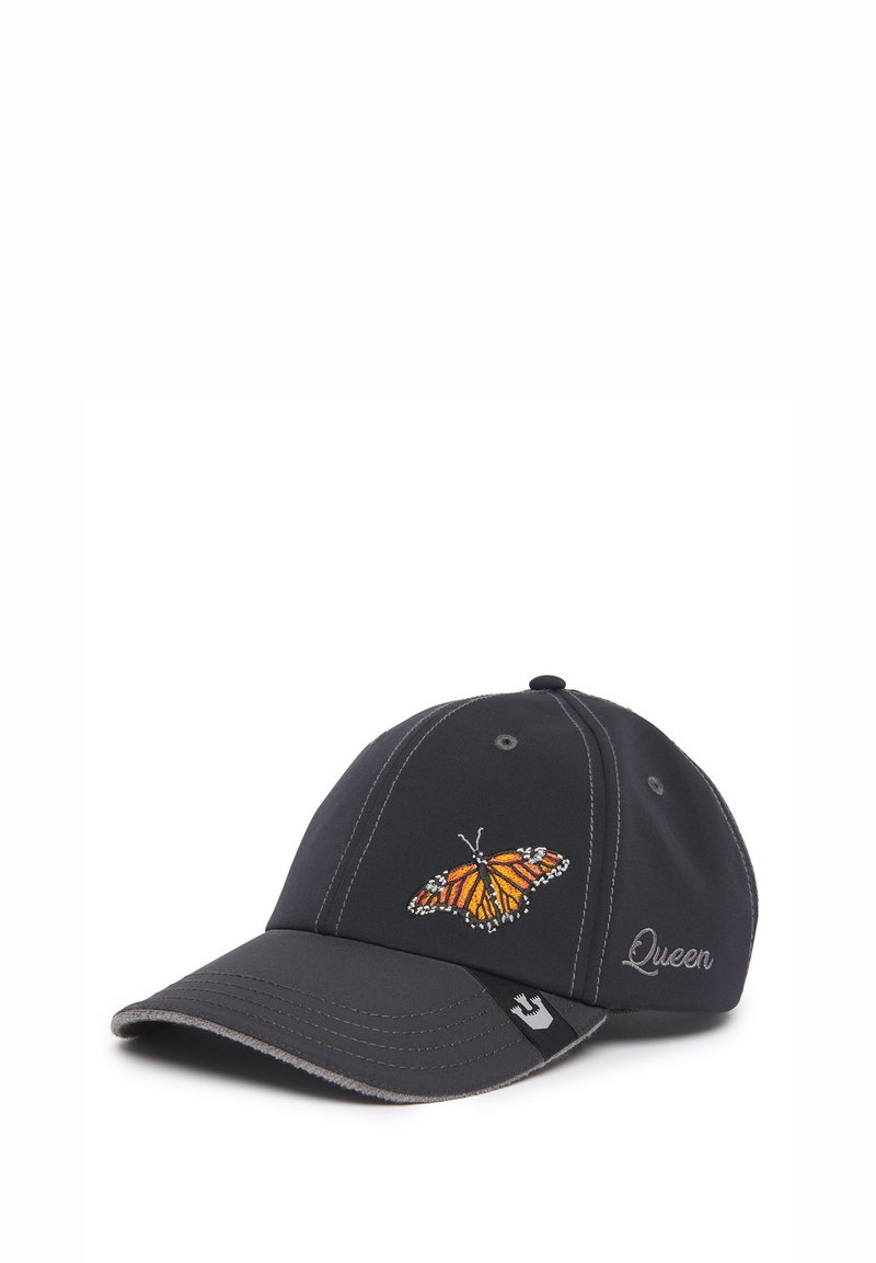 Black baseball cap featuring an embroidered orange and white butterfly design and the word "Queen" in silver. Stitched accents in contrasting thread.