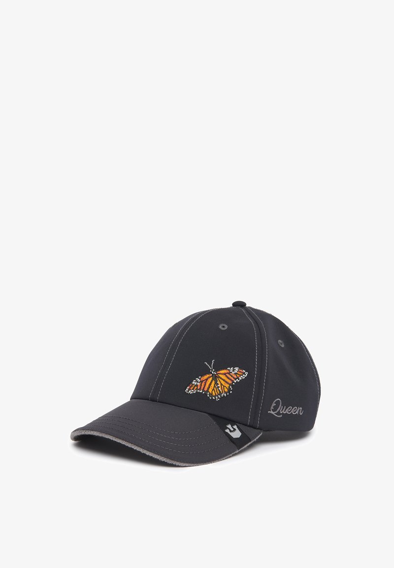 Black baseball cap featuring an embroidered orange and white butterfly design and the word "Queen" in silver. Stitched accents in contrasting thread.