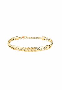 Bracciale in metallo dorato con design a maglia curva, fissato con un gancio a molla e un'estensione a catena. Finitura superficiale liscia e lucida.