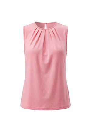 Mouwloze roze blouse met ronde hals, plooien aan de voorkant en een kleine knoopsluiting achter bij de hals.