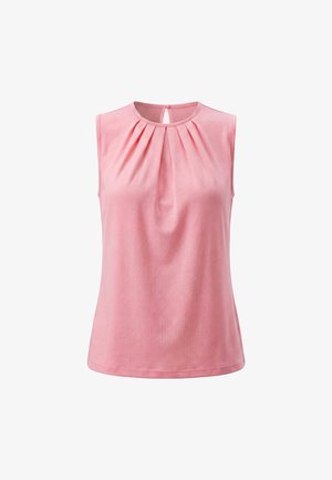Mouwloze roze blouse met ronde hals, plooien aan de voorkant en een kleine knoopsluiting achter bij de hals.